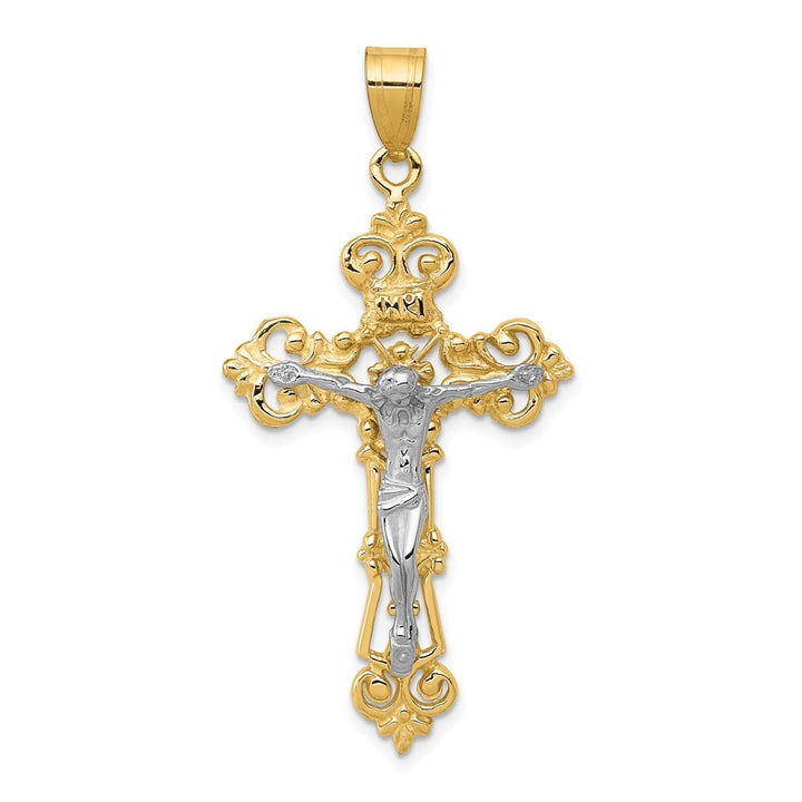 10K Two-Tone Gold Extra Large INRI Fleur de Lis Crucifix Pendant