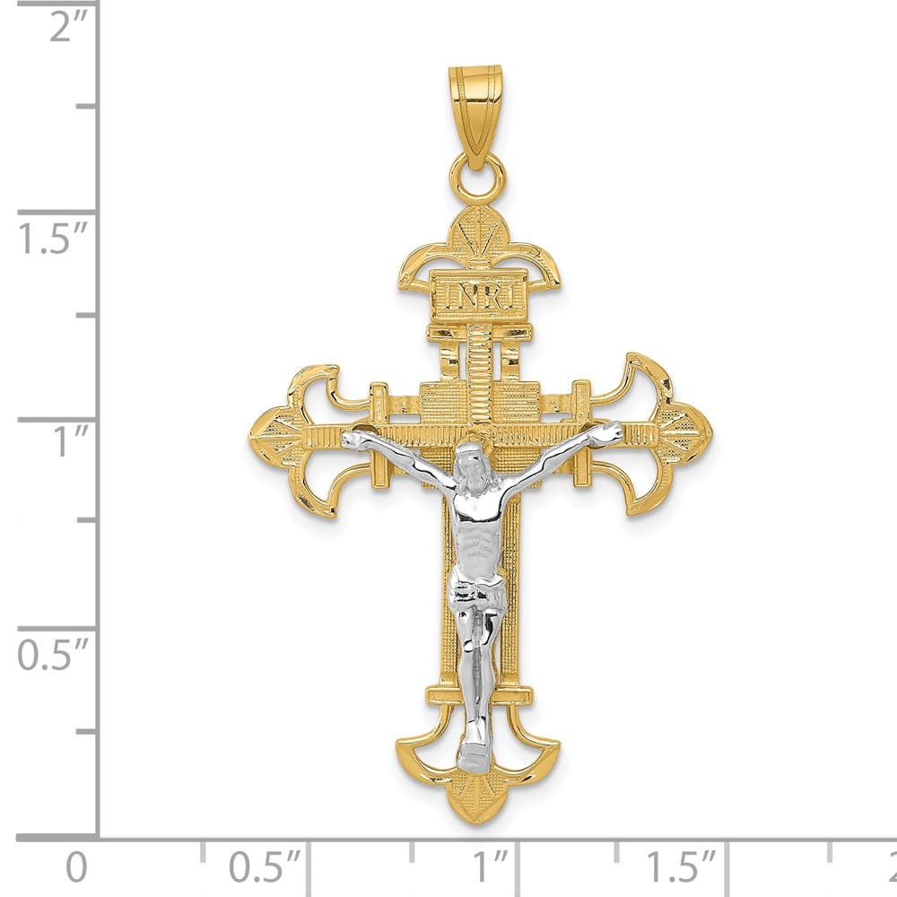 10K Two-Tone Gold Extra Large INRI Fleur de Lis Crucifix Pendant