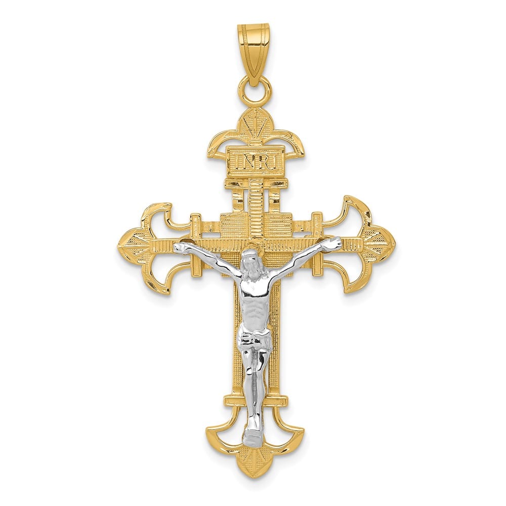 10K Two-Tone Gold Extra Large INRI Fleur de Lis Crucifix Pendant