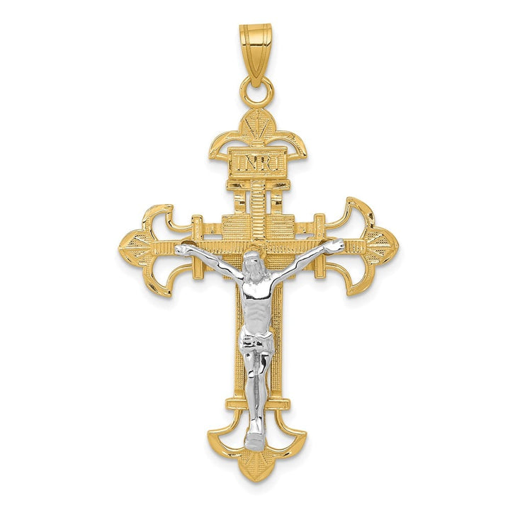 10K Two-Tone Gold Extra Large INRI Fleur de Lis Crucifix Pendant