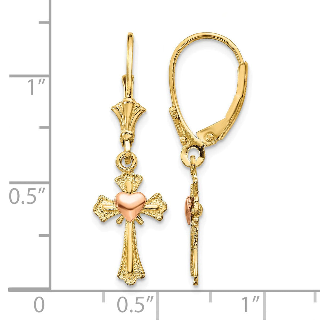 10k Two-tone Gold Heart on Cross Dangle Leverback Earrings