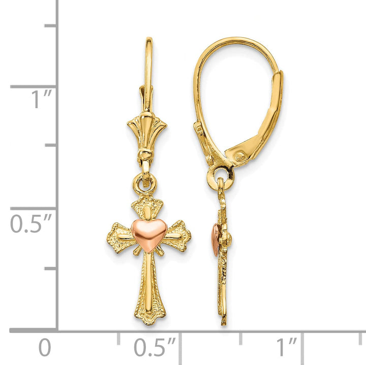 10k Two-tone Gold Heart on Cross Dangle Leverback Earrings
