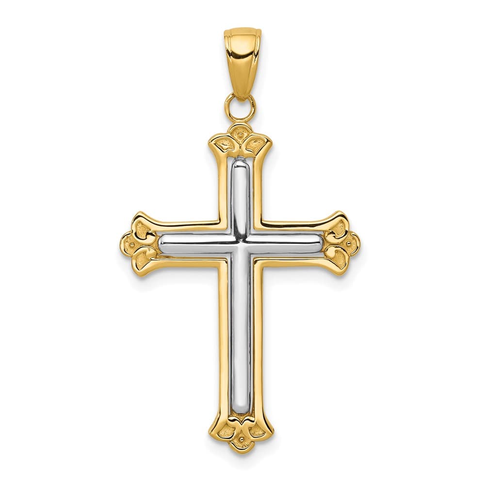 10K Two-Tone Gold Large Cross in Budded Yellow Cross Frame Pendant