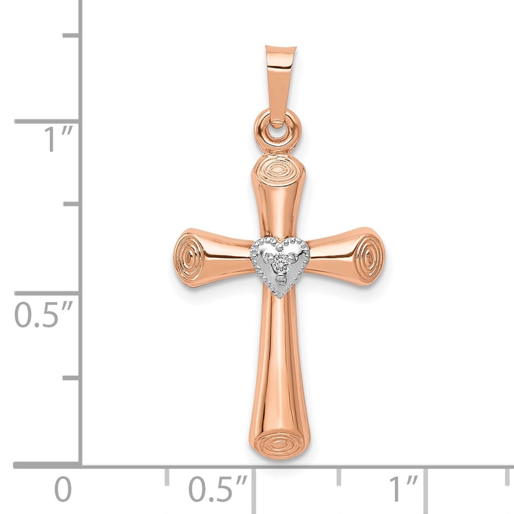 10K Two-Tone Gold Large Diamond Hollow Latin with Heart Cross Pendant