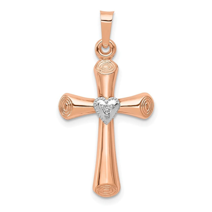 10K Two-Tone Gold Large Diamond Hollow Latin with Heart Cross Pendant