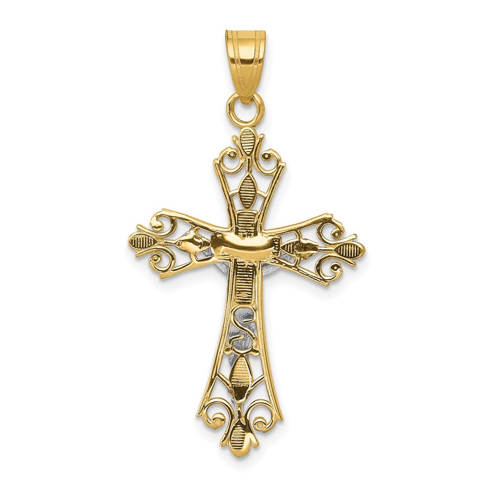 10K Two-Tone Gold Large Filigree Fleur de Lis Crucifix Pendant