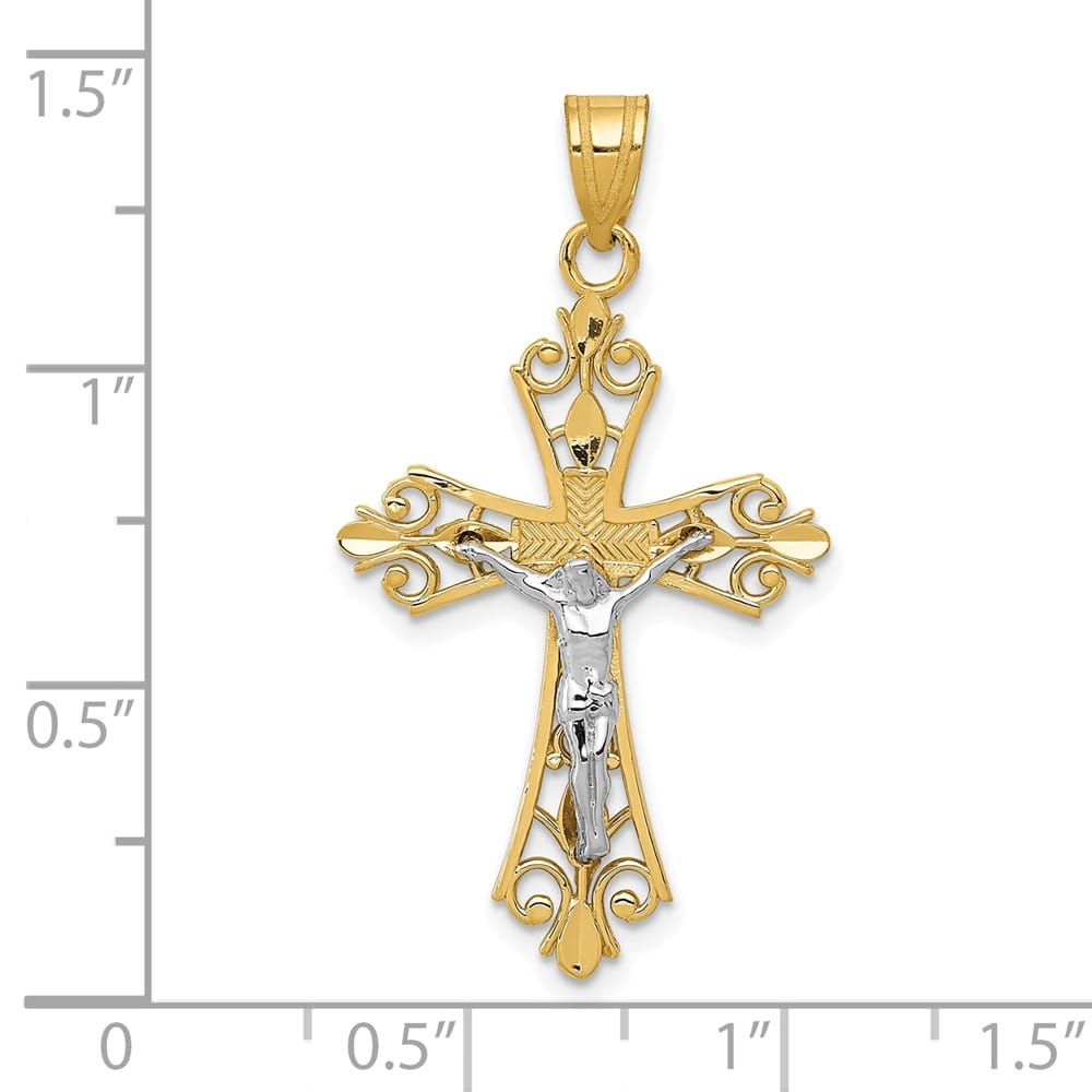 10K Two-Tone Gold Large Filigree Fleur de Lis Crucifix Pendant