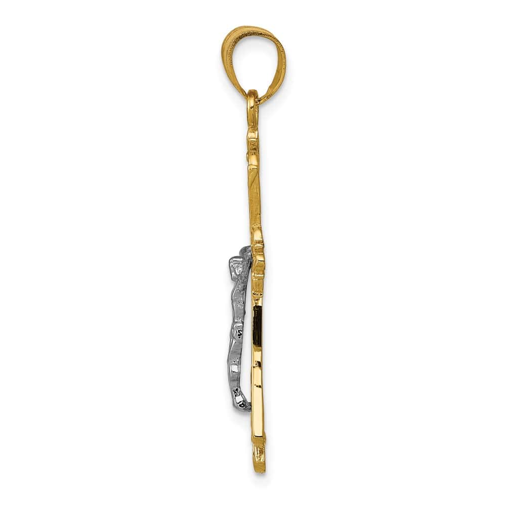 10K Two-Tone Gold Large Filigree Fleur de Lis Crucifix Pendant