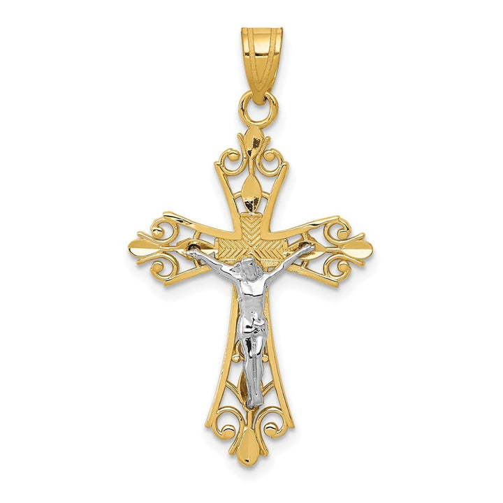 10K Two-Tone Gold Large Filigree Fleur de Lis Crucifix Pendant