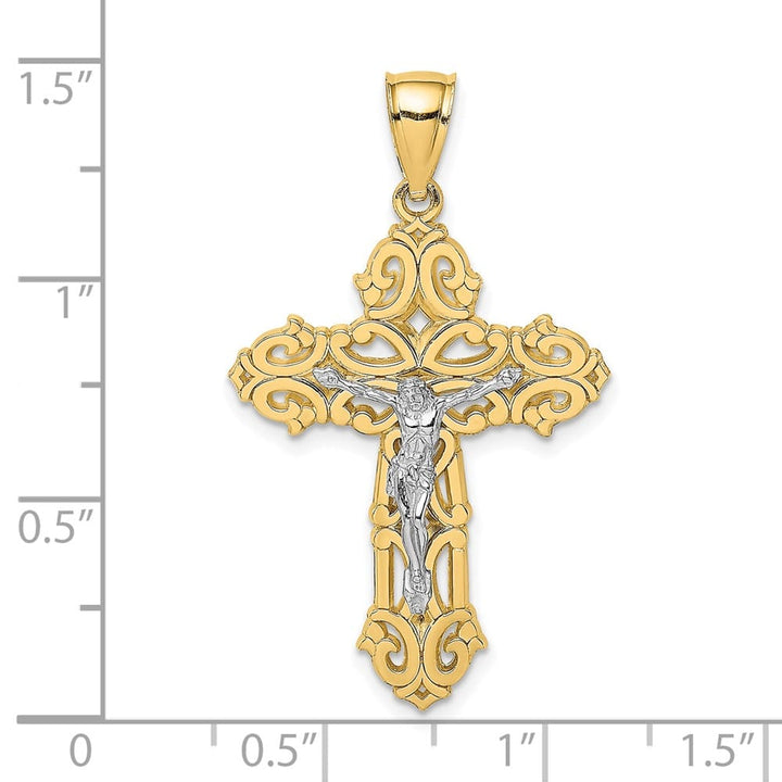 10K Two-Tone Gold Large Fleur de Lis Crucifix with Scrolled Tips Charm