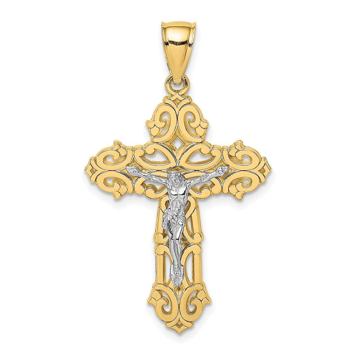 10K Two-Tone Gold Large Fleur de Lis Crucifix with Scrolled Tips Charm