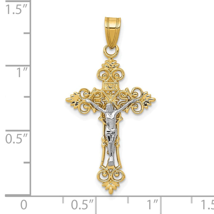 10K Two-Tone Gold Large Lacey-edged INRI Budded Crucifix Pendant