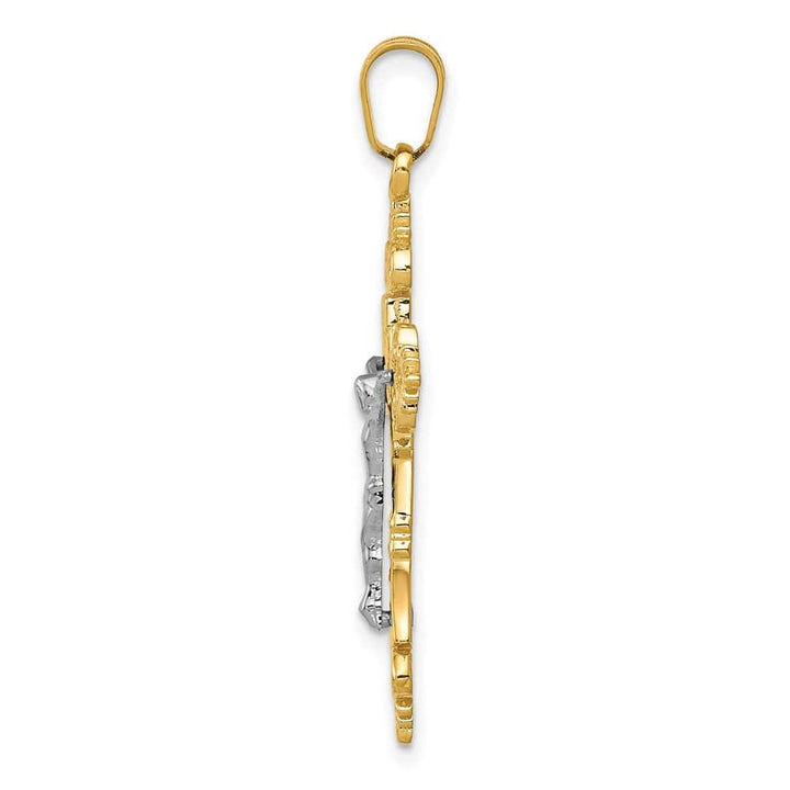 10K Two-Tone Gold Large Lacey-edged INRI Budded Crucifix Pendant
