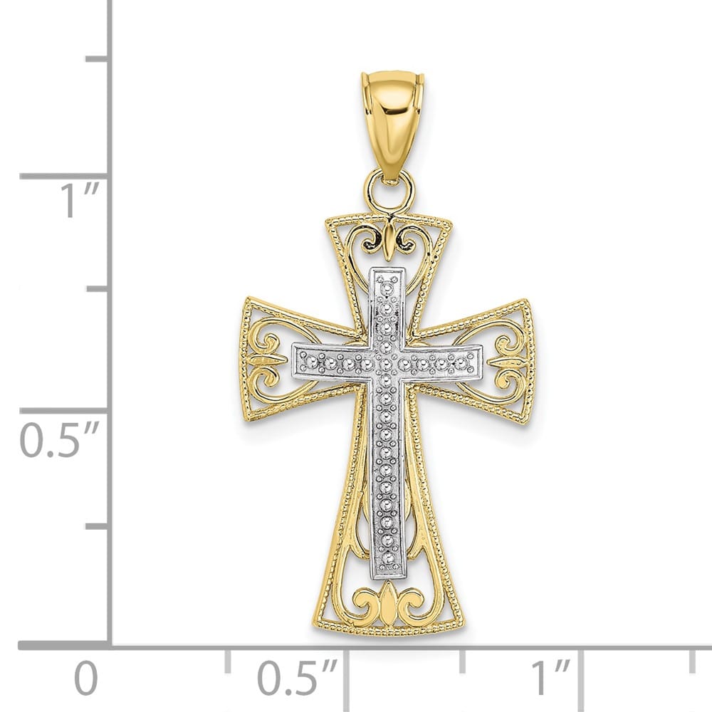 10K Two-Tone Gold Medium 2-D and D.C. Beaded Filigree Cross Charm