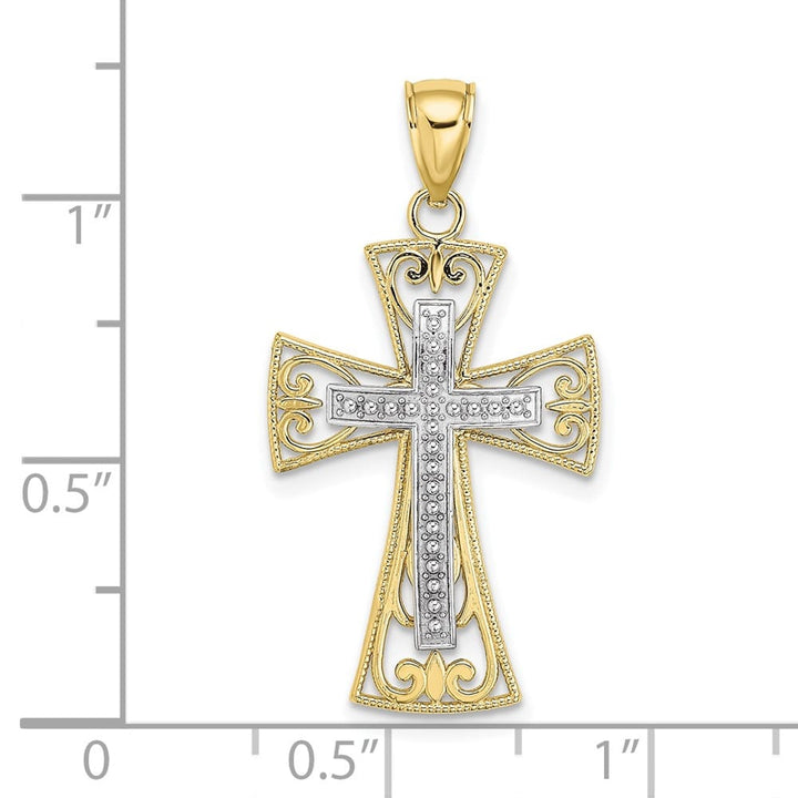 10K Two-Tone Gold Medium 2-D and D.C. Beaded Filigree Cross Charm
