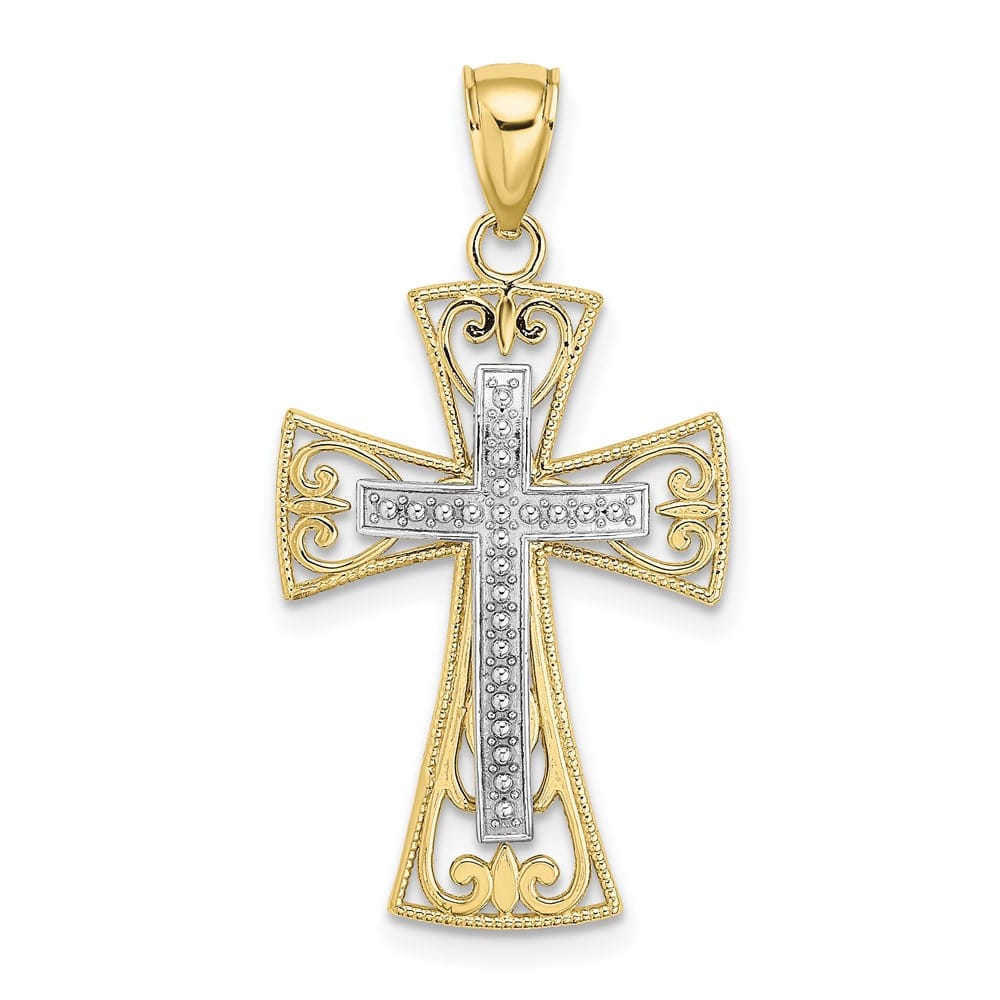 10K Two-Tone Gold Medium 2-D and D.C. Beaded Filigree Cross Charm