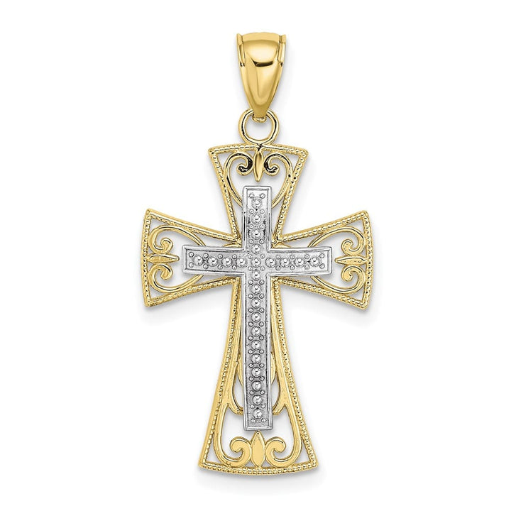 10K Two-Tone Gold Medium 2-D and D.C. Beaded Filigree Cross Charm