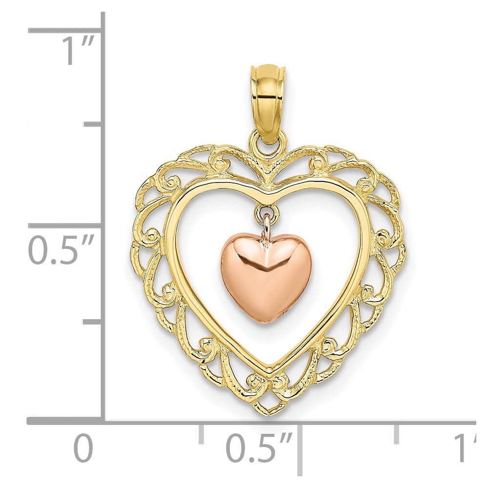 10K Two-Tone Gold Medium and Rose Gold Polished Dangling Heart Charm