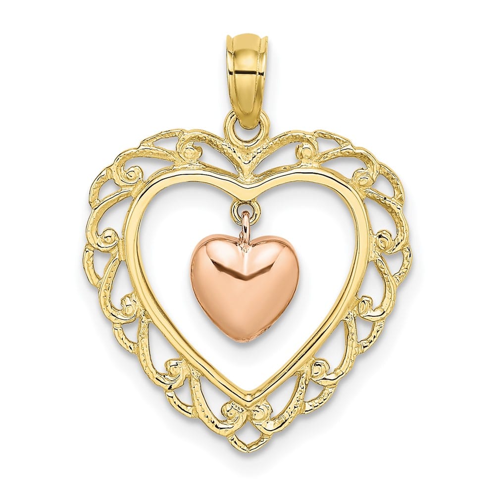 10K Two-Tone Gold Medium and Rose Gold Polished Dangling Heart Charm