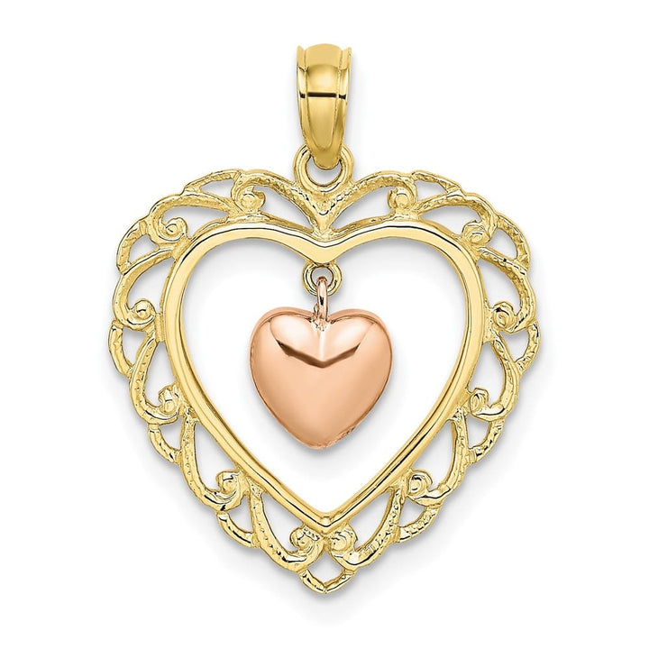 10K Two-Tone Gold Medium and Rose Gold Polished Dangling Heart Charm