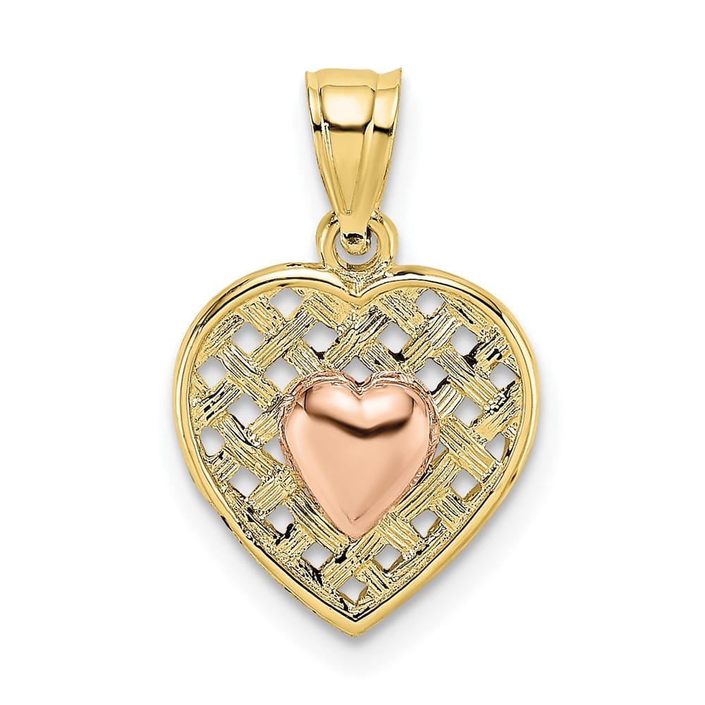 10K Two-Tone Gold Medium and Rose Gold Polished Heart on Woven Charm