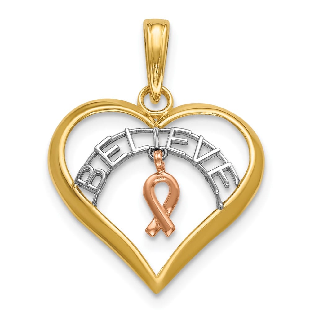 10K Two-Tone Gold Medium Believe in Heart with Awareness Pendant