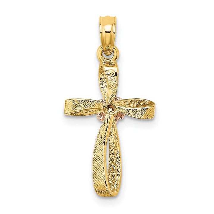 10K Two-Tone Gold Medium Twisted Cross with Flower Center Charm