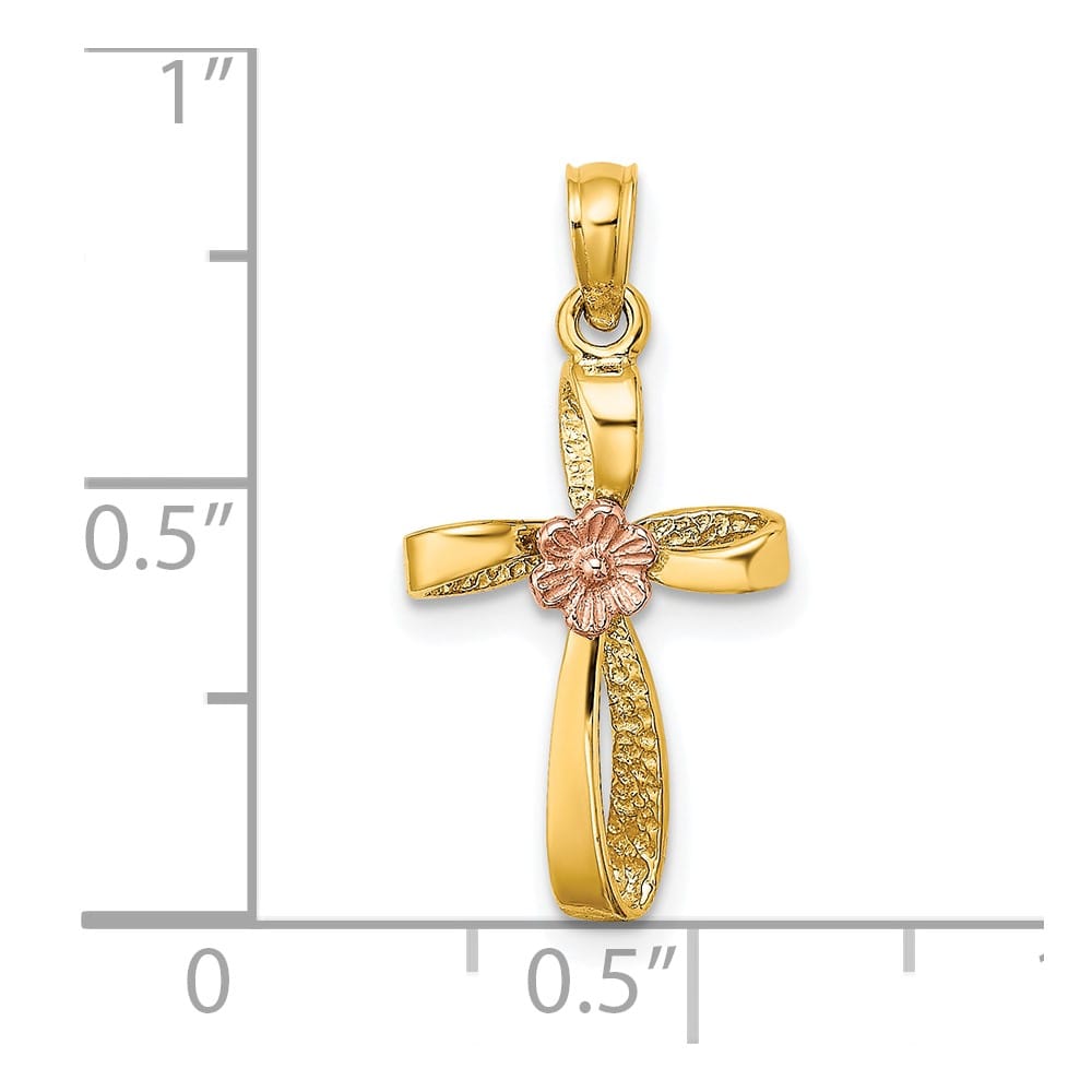 10K Two-Tone Gold Medium Twisted Cross with Flower Center Charm