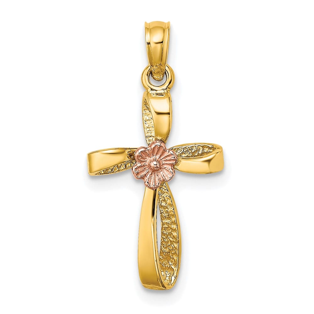 10K Two-Tone Gold Medium Twisted Cross with Flower Center Charm