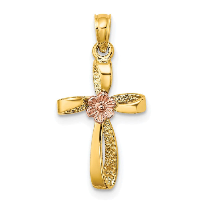 10K Two-Tone Gold Medium Twisted Cross with Flower Center Charm