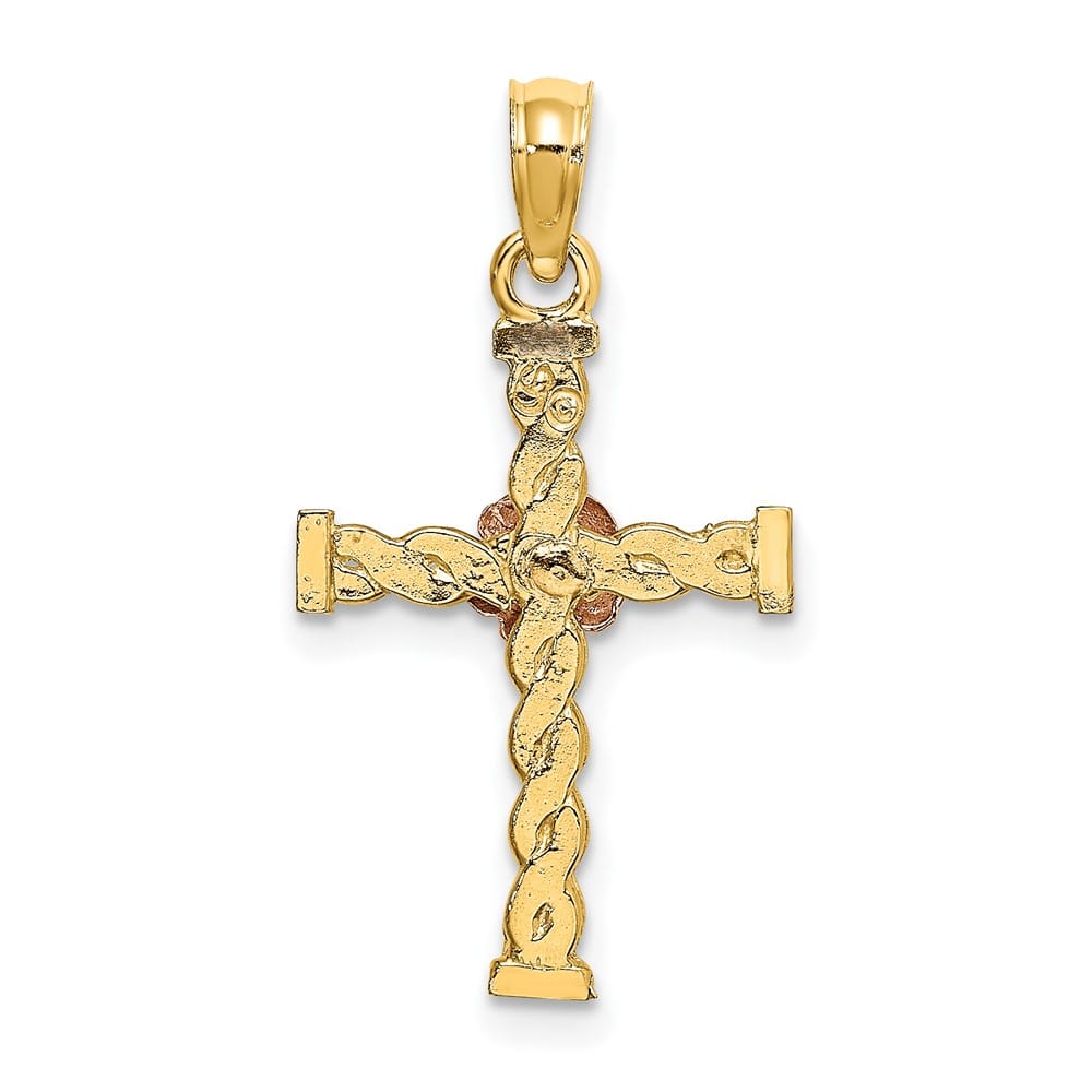 10K Two-Tone Gold Medium Twisted Cross with Flower Center Charm