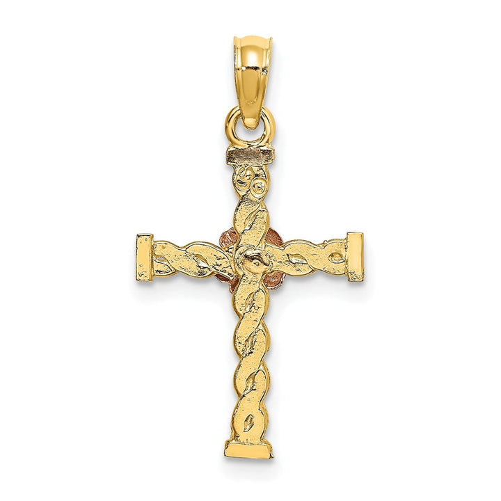 10K Two-Tone Gold Medium Twisted Cross with Flower Center Charm
