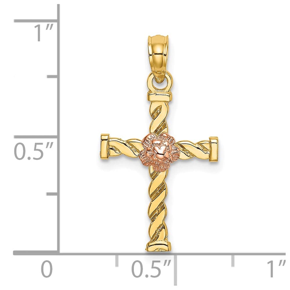 10K Two-Tone Gold Medium Twisted Cross with Flower Center Charm