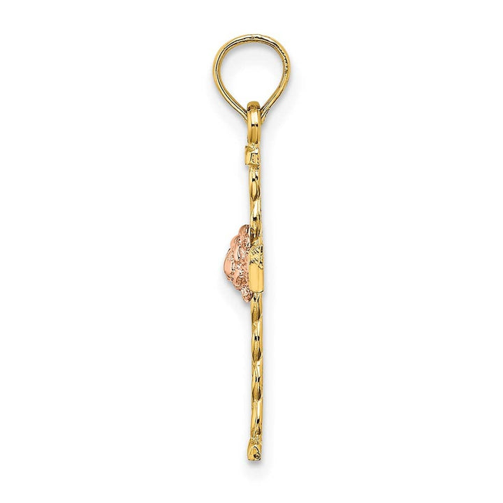 10K Two-Tone Gold Medium Twisted Cross with Flower Center Charm