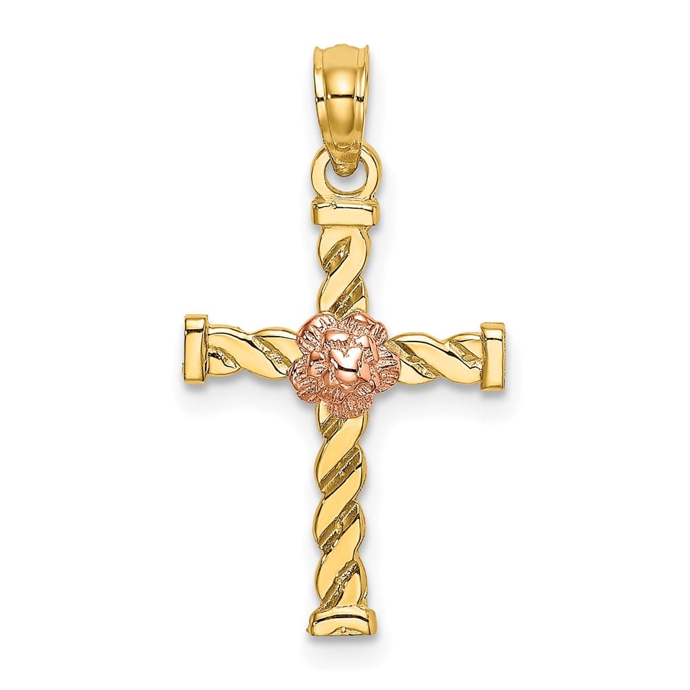 10K Two-Tone Gold Medium Twisted Cross with Flower Center Charm