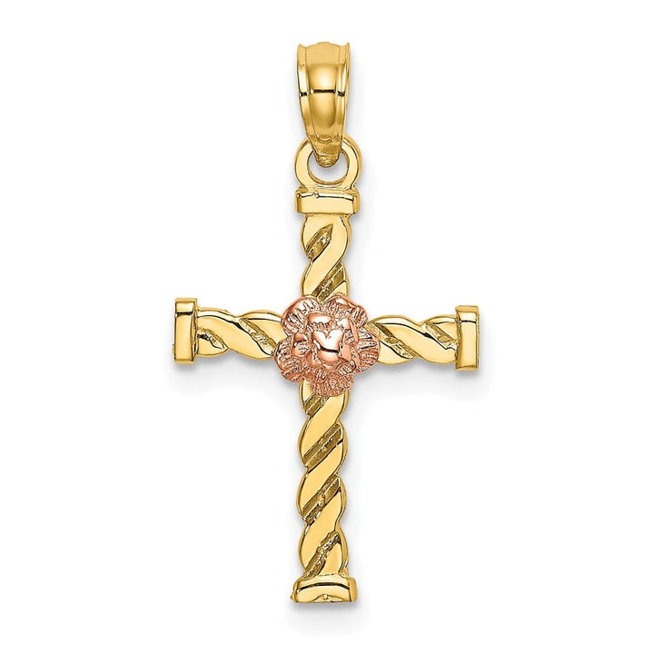10K Two-Tone Gold Medium Twisted Cross with Flower Center Charm
