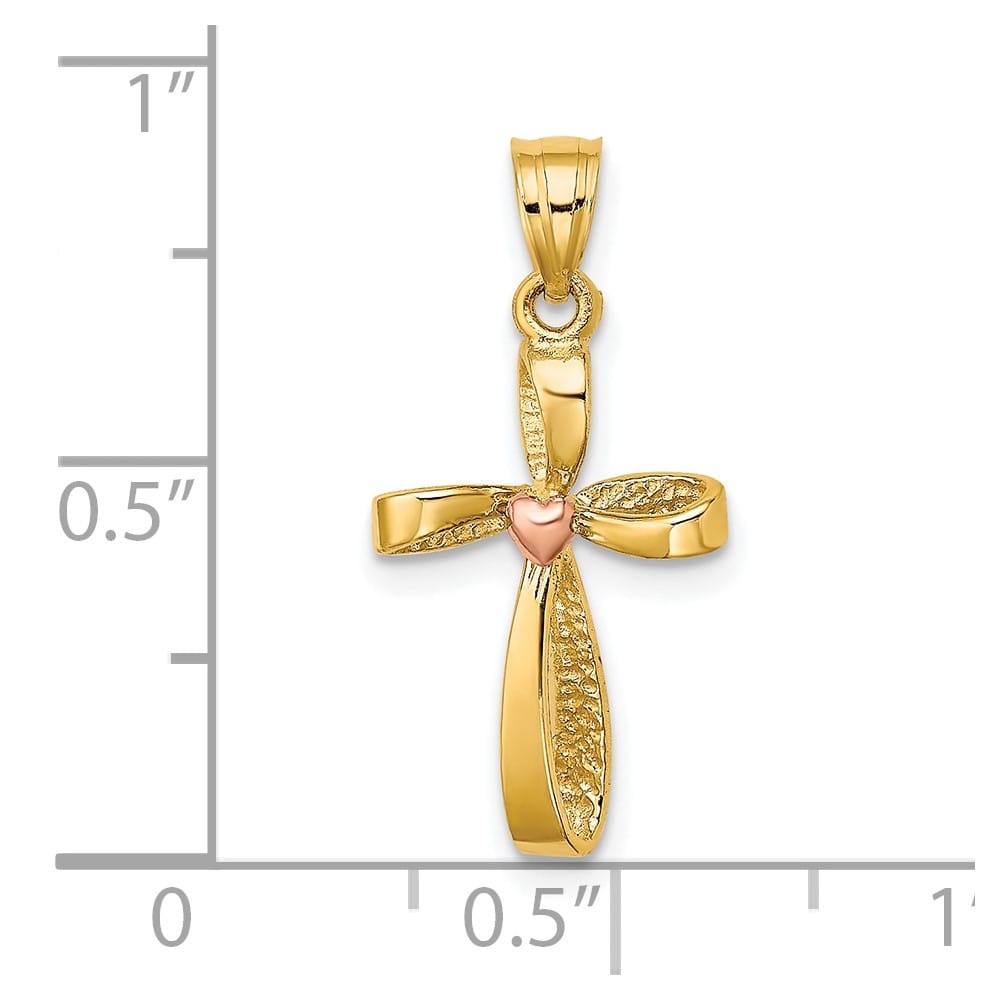 10K Two-Tone Gold Medium Twisted Cross with Heart Center Charm