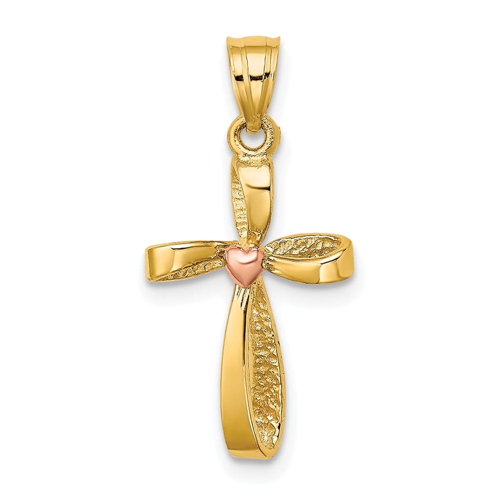 10K Two-Tone Gold Medium Twisted Cross with Heart Center Charm