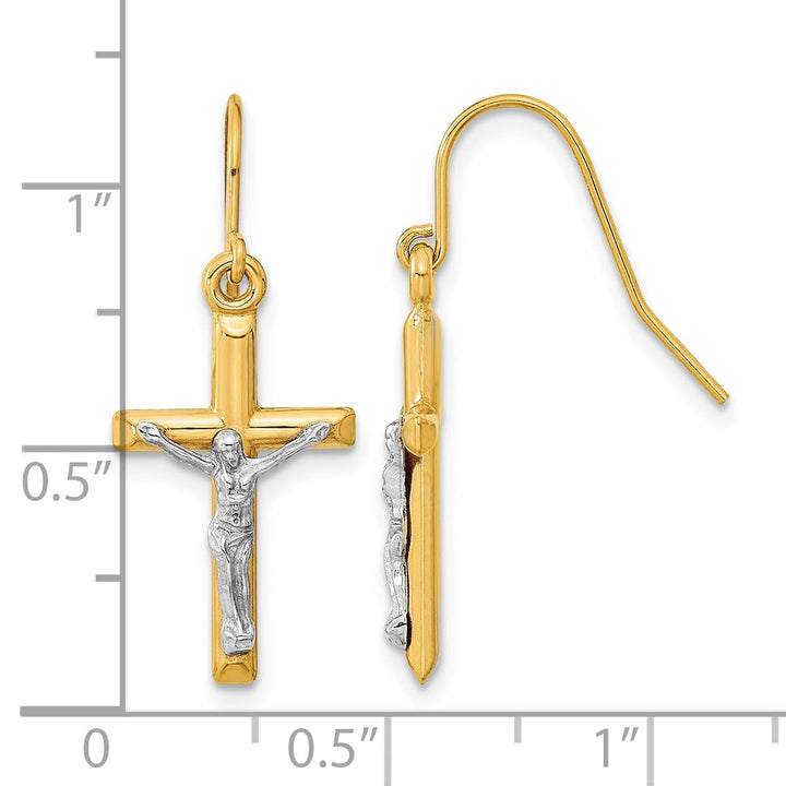 10k Two-tone Gold Polished Crucifix Dangle Shepherd Hook Earrings