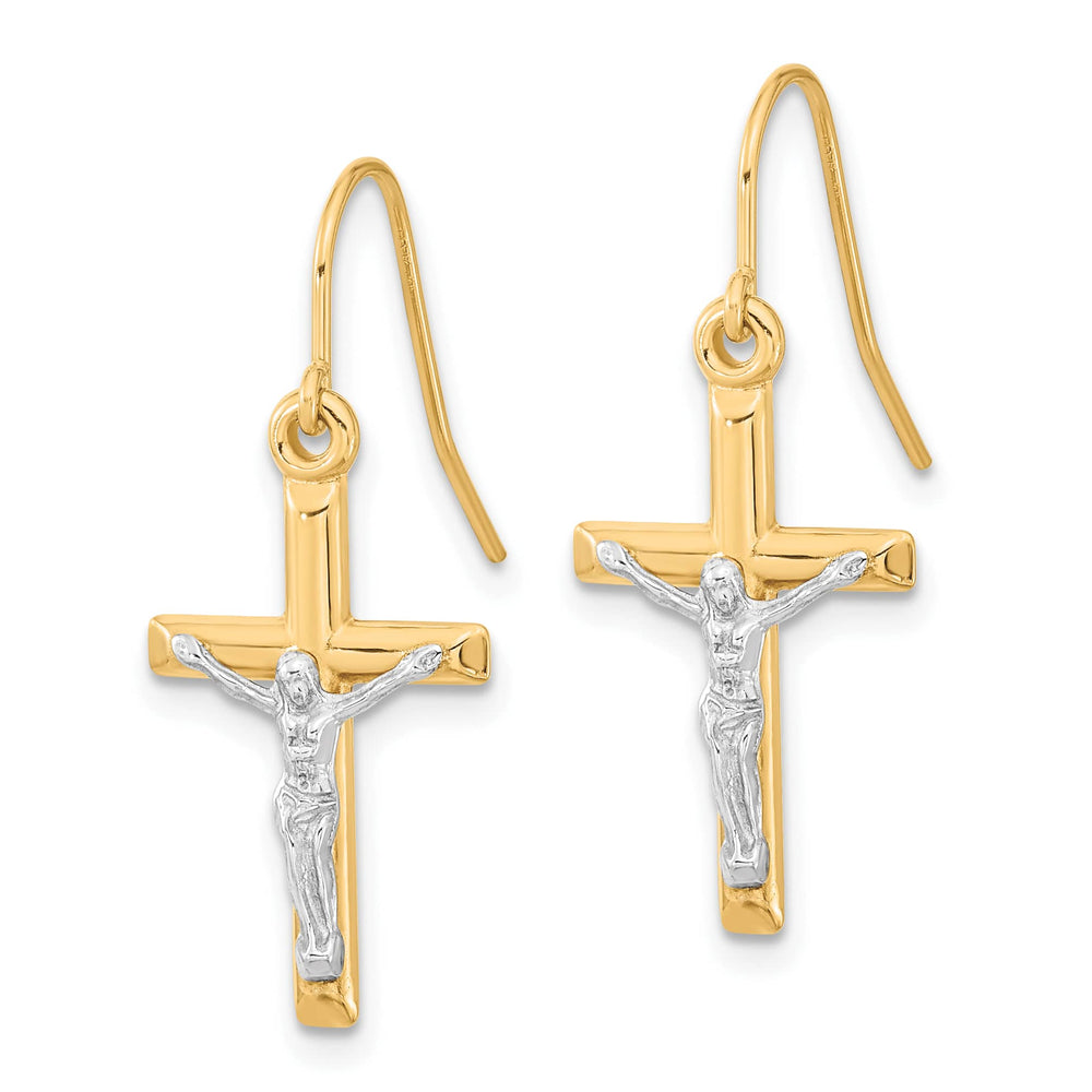 10k Two-tone Gold Polished Crucifix Dangle Shepherd Hook Earrings