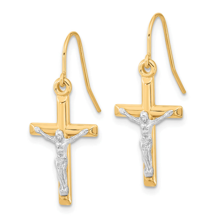 10k Two-tone Gold Polished Crucifix Dangle Shepherd Hook Earrings