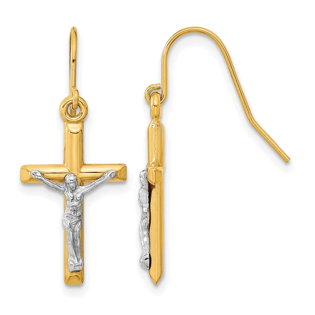 10k Two-tone Gold Polished Crucifix Dangle Shepherd Hook Earrings