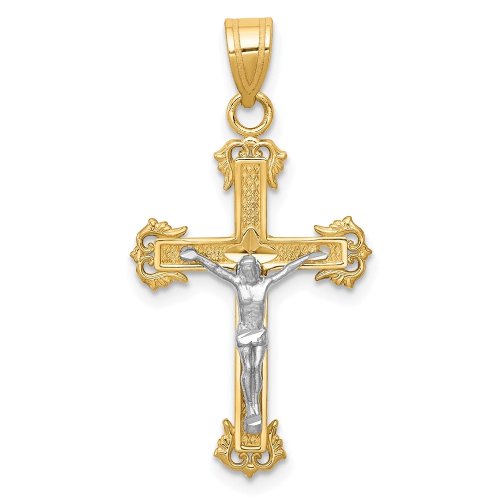 10K Two-Tone Gold Polished D.C. Large Fleur de Lis Crucifix Pendant