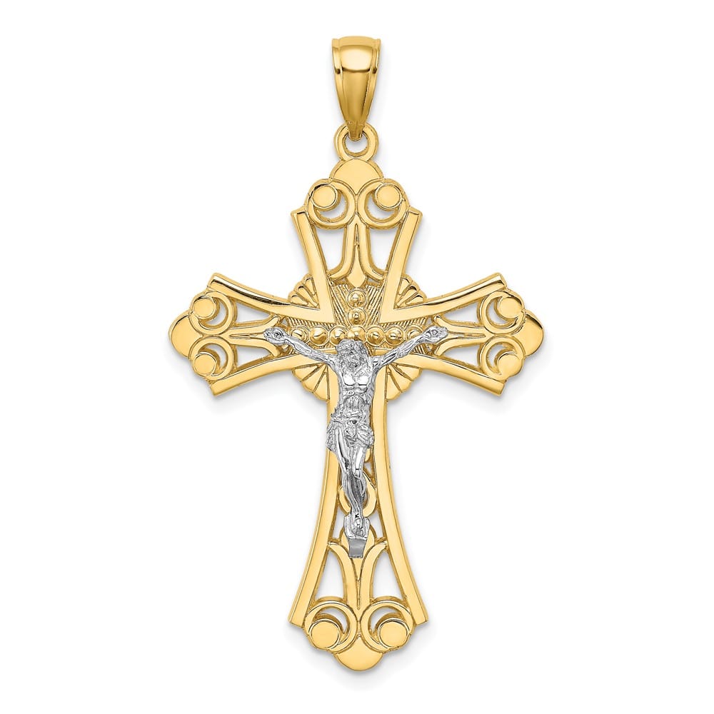 10K Two-Tone Gold Polished Extra Large Cut-Out Budded Crucifix Charm