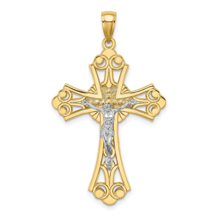 10K Two-Tone Gold Polished Extra Large Cut-Out Budded Crucifix Charm