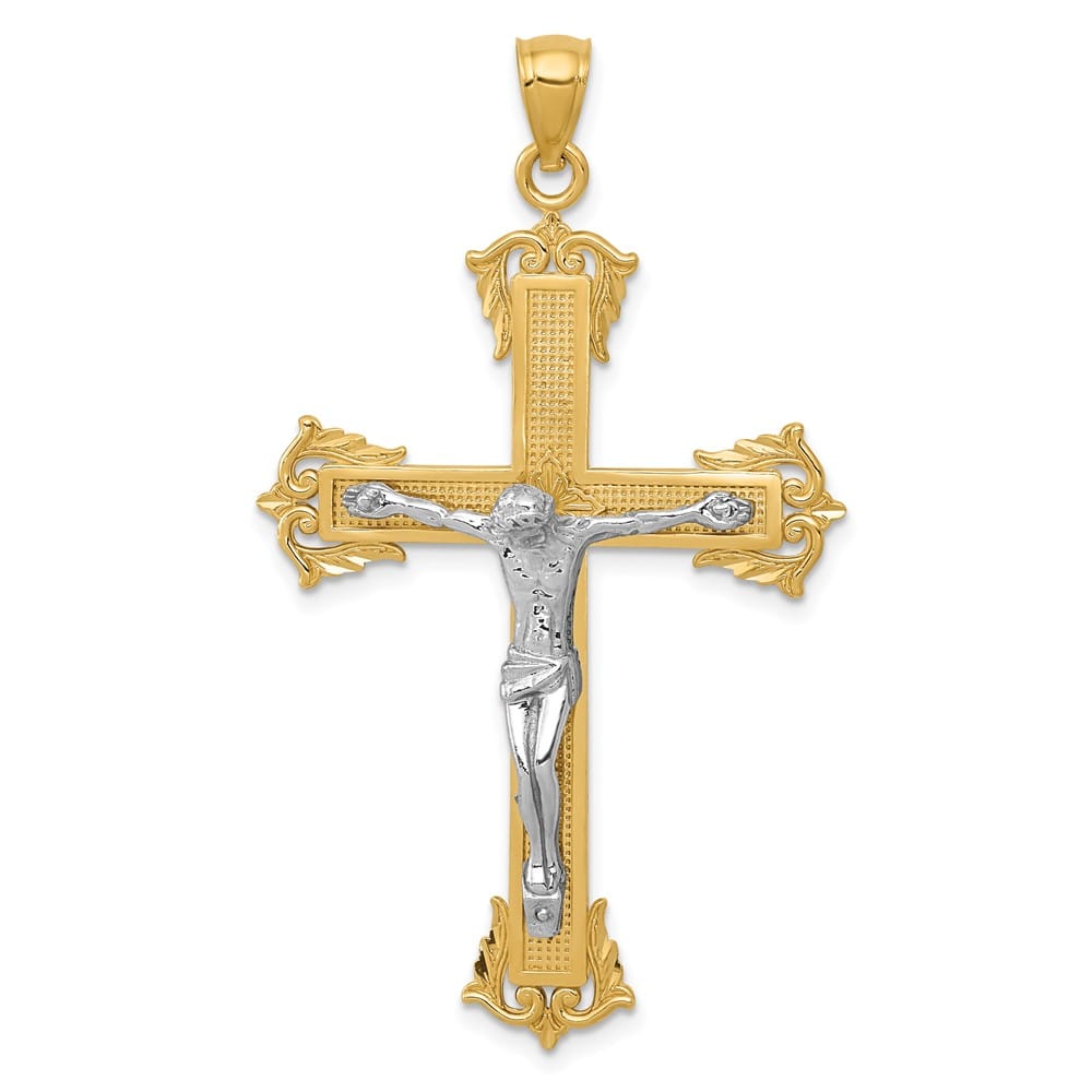 10K Two-Tone Gold Polished Extra Large Fleur de Lis Crucifix Pendant