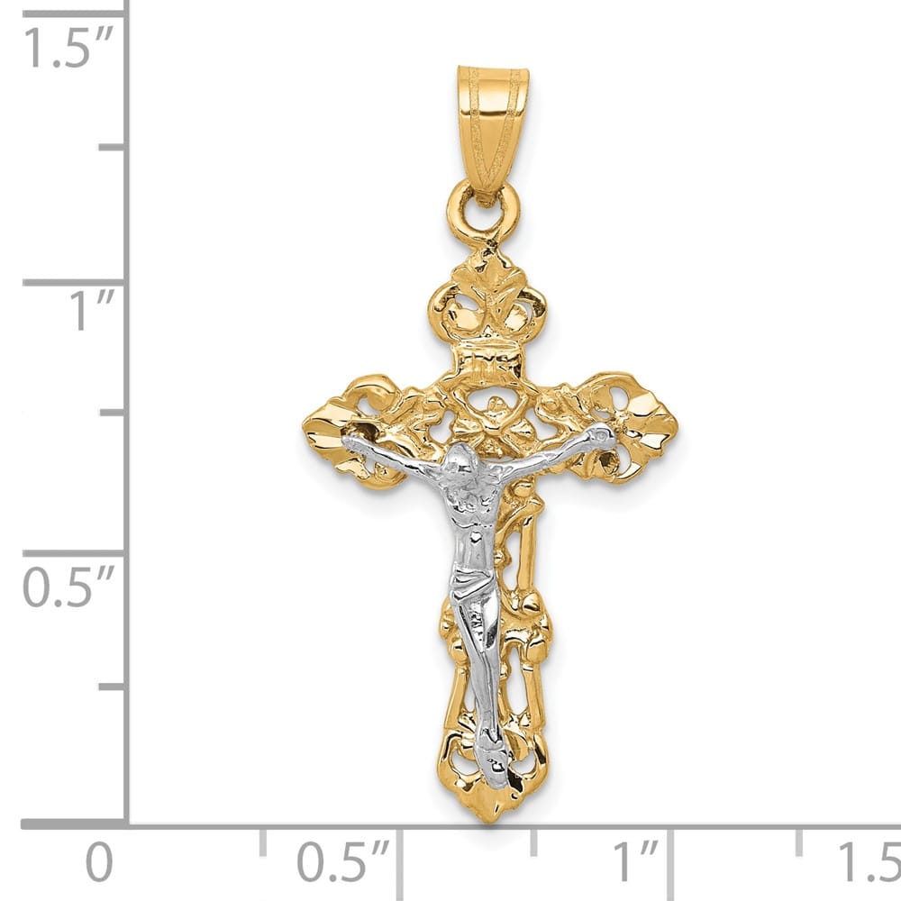 10K Two-Tone Gold Polished Large Fleur de Lis INRI Crucifix Pendant