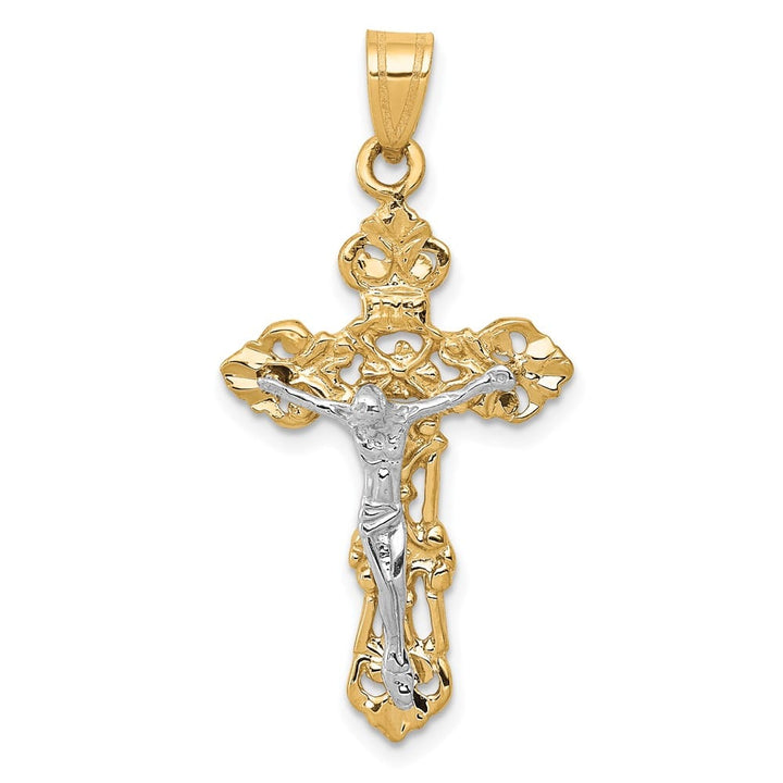 10K Two-Tone Gold Polished Large Fleur de Lis INRI Crucifix Pendant