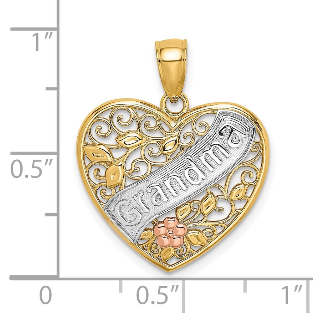 10K Two-Tone Gold Polished Large GRANDMA Filigree Heart Charm