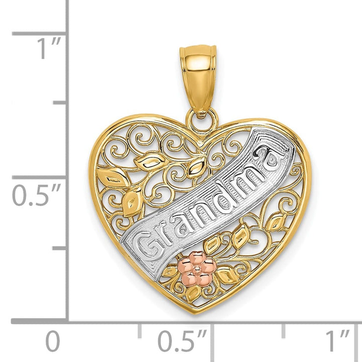 10K Two-Tone Gold Polished Large GRANDMA Filigree Heart Charm